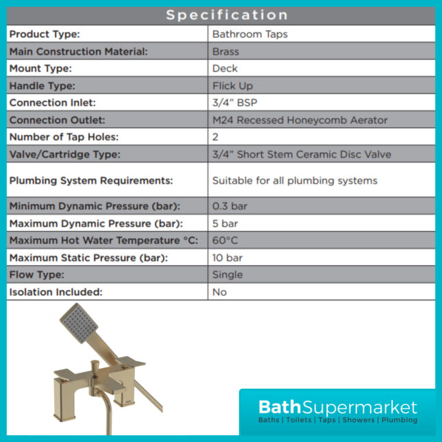 Bristan Tangram Brushed Brass Bath Shower Mixer Tap With Wall Bracket Handset Kit