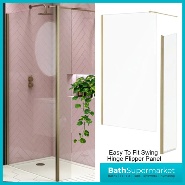 Sognare Brushed Brass Frame 8mm Wetroom Shower Glass Screen With Flipper Panel
