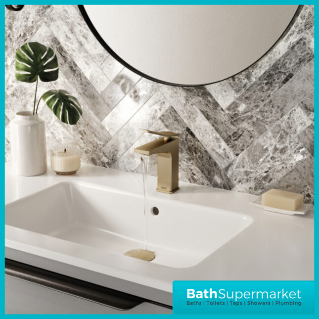 Tangram Brushed Brass Mono Eco Start Basin Mixer Tap With Clicker Waste