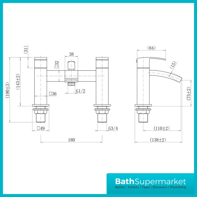 Kinlin Descent Brushed Brass Square Deck Mounted Bath Shower Mixer Tap
