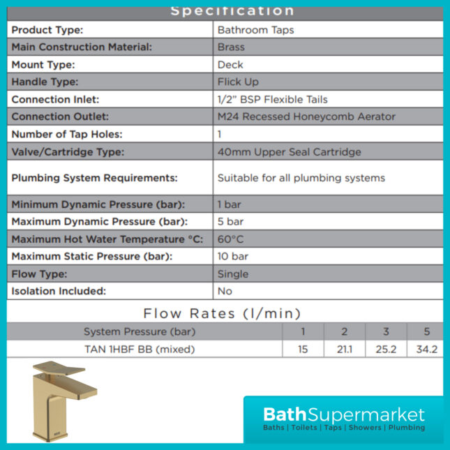 Bristan Tangram Brushed Brass 1 Hole Deck Mounted Mono Bath Filler Tap - Image 9
