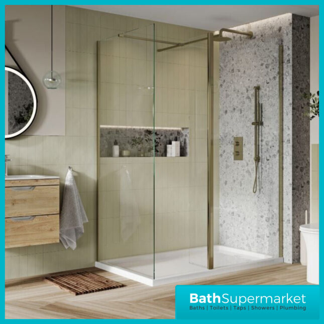 Sognare Brushed Brass Frame 8mm Wetroom Shower Glass Screen With Flipper Panel