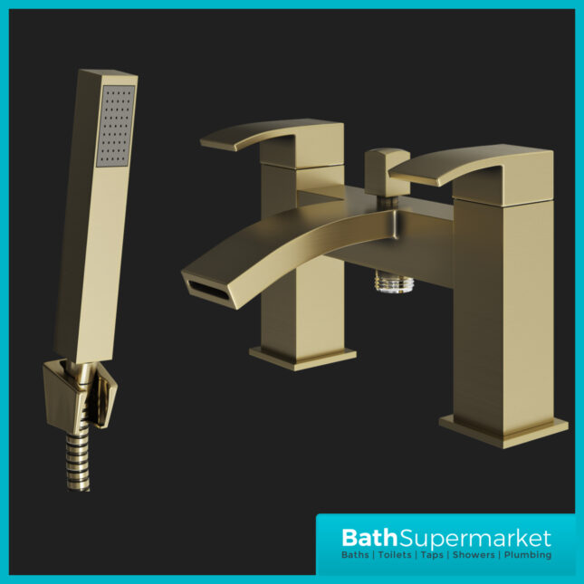 Kinlin Descent Brushed Brass Square Deck Mounted Bath Shower Mixer Tap