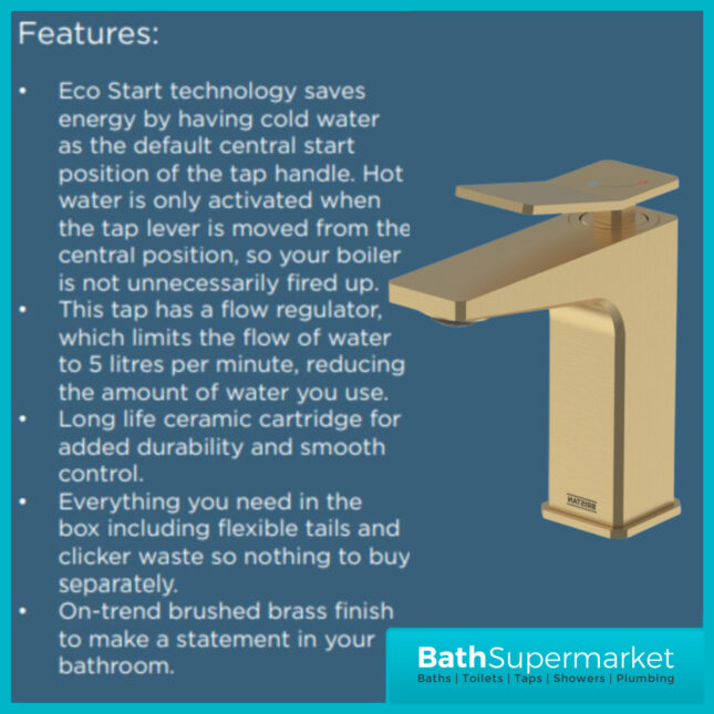 Bristan Tangram Brushed Brass Mono Eco Start Basin Mixer Tap With Clicker Waste - Image 15