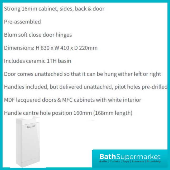 AquaVolere Viola White Gloss Floor Standing Cloakroom Basin Vanity Unit 410mm Toilet Suite Pack