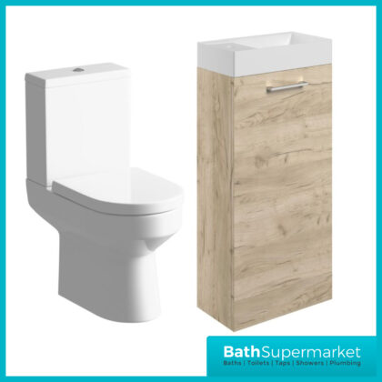 AquaVolere Viola Oak Floor Standing Cloakroom Basin Unit 410mm Toilet Pack