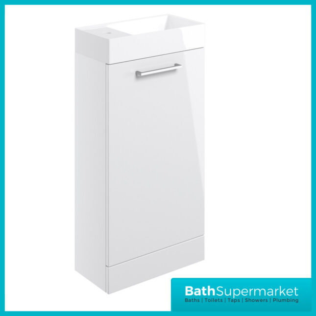 AquaVolere Viola White Gloss Floor Standing Cloakroom Basin Vanity Unit 410mm Toilet Suite Pack