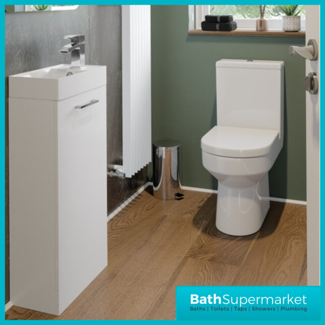 AquaVolere Viola White Gloss Floor Standing Cloakroom Basin Vanity Unit 410mm Toilet Suite Pack