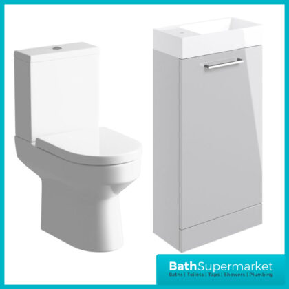 AquaVolere Viola Grey Gloss Floor Standing Cloakroom Basin Vanity Unit 410mm Toilet Suite Pack
