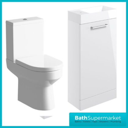 AquaVolere Viola White Gloss Floor Standing Cloakroom Basin Vanity Unit 410mm Toilet Suite Pack