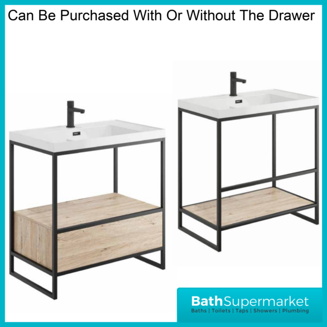 Sognare Avante-Garde Floorstanding Black Frame Rustic Oak Handless Drawer Box Or Shelf Basin Unit 800mm