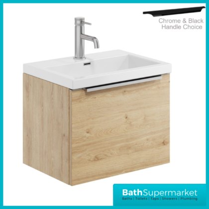 Sognare Muro Davos Oak Wall Mounted Drawer Unit & Basin 500mm – Chrome Or Black Handle