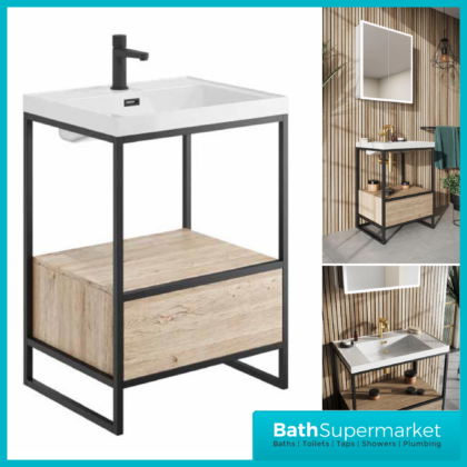 Sognare Avante-Garde Floorstanding Black Frame Rustic Oak Handless Drawer Box Basin Unit 600mm