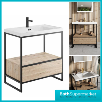 Sognare Avante-Garde Floorstanding Black Frame Rustic Oak Handless Drawer Box Basin Unit 800mm