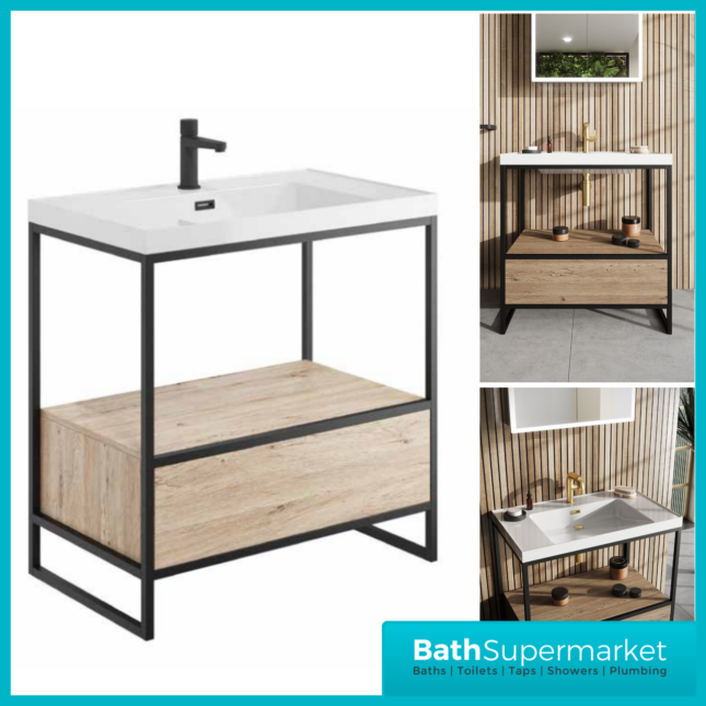 Sognare Avante-Garde Floorstanding Black Frame Rustic Oak Handless Drawer Box Basin Unit 800mm