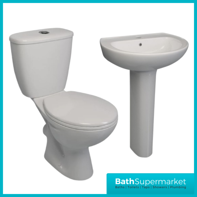 AquaVolere Essential 4 Piece Ceramic Suite - Close Coupled Toilet & Full Pedestal Basin Set