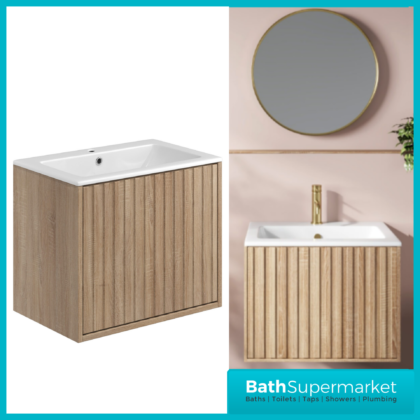 Sognare Orac Fluted Sonoma Oak Wall Hung Handless Bathroom Drawer Cabinet Basin Unit 600mm