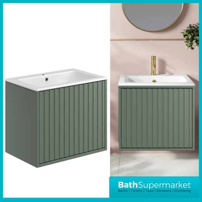 Sognare Orac Fluted Reed Green Wall Hung Handless Bathroom Drawer Cabinet Basin Unit 600mm