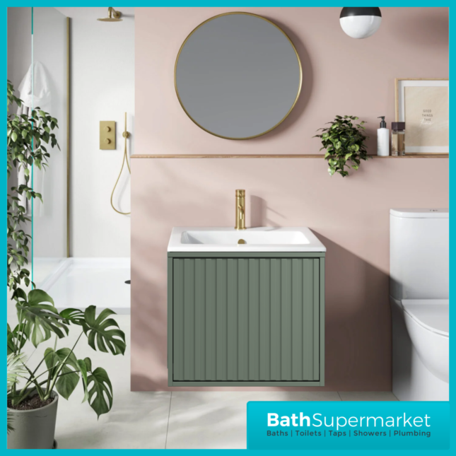 Sognare Orac Fluted Reed Green Wall Hung Handless Bathroom Drawer Cabinet Basin Unit 600mm