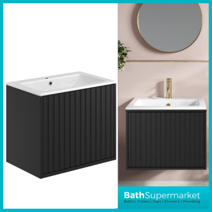 Sognare Orac Fluted Matt Black Wall Hung Handless Bathroom Drawer Cabinet Basin Unit 600mm