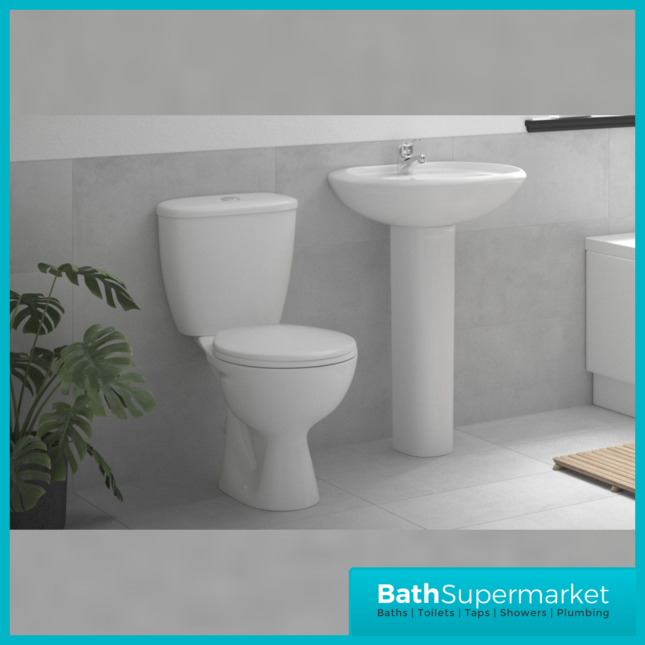AquaVolere Essential 4 Piece Ceramic Suite - Close Coupled Toilet & Full Pedestal Basin Set