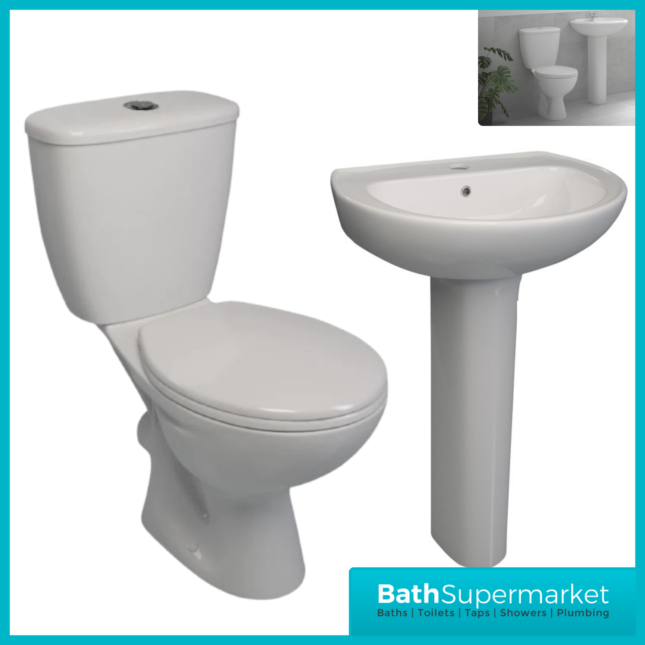 AquaVolere Essential 4 Piece Ceramic Suite - Close Coupled Toilet & Full Pedestal Basin Set