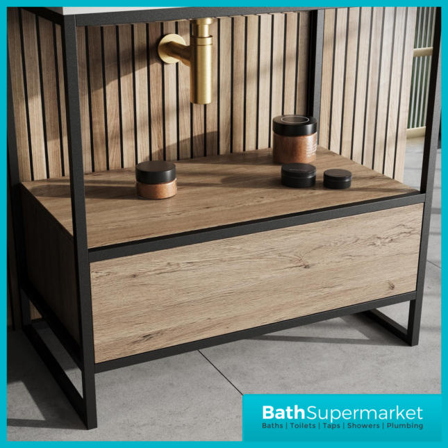 Sognare Avante-Garde Floorstanding Black Frame Rustic Oak Handless Drawer Box Shelf Basin Unit 800mm