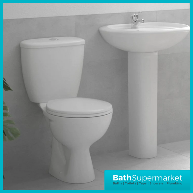 AquaVolere Essential 4 Piece Ceramic Suite - Close Coupled Toilet & Full Pedestal Basin Set