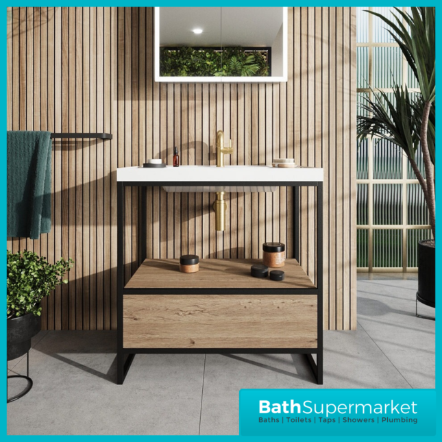 Sognare Avante-Garde Floorstanding Black Frame Rustic Oak Handless Drawer Box Shelf Basin Unit 800mm