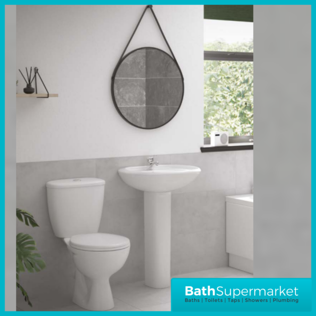 AquaVolere Essential 4 Piece Ceramic Suite - Close Coupled Toilet & Full Pedestal Basin Set