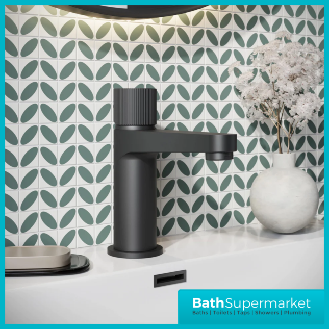 Fluted Koko Matt Black Deck Mounted Knob Handle Mini Mono Basin Mixer Tap