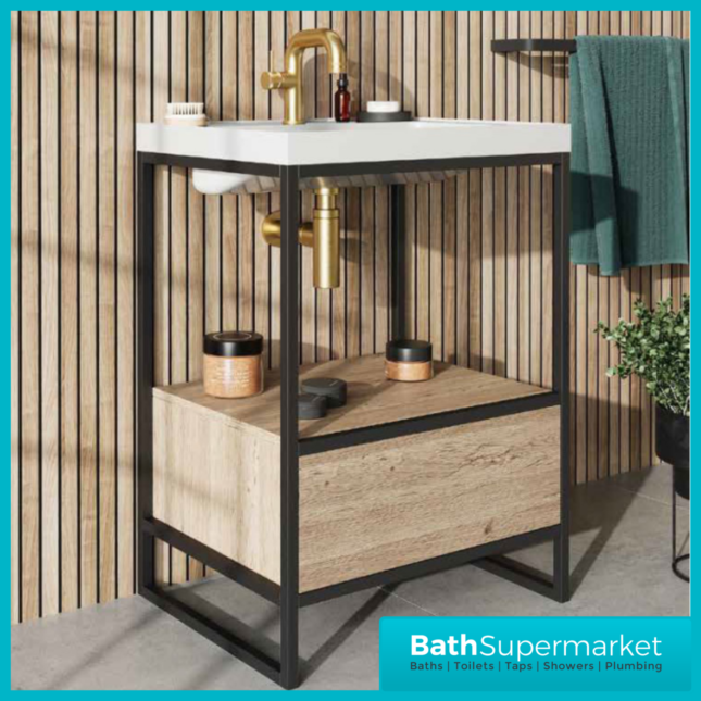 Sognare Avante-Garde Floorstanding Black Frame Rustic Oak Handless Drawer Box Shelf Basin Unit 800mm
