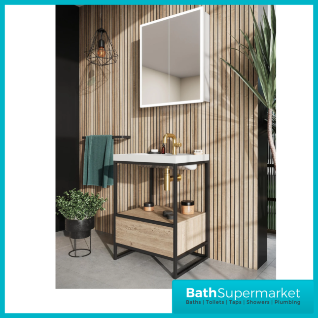 Sognare Avante-Garde Floorstanding Black Frame Rustic Oak Handless Drawer Box Shelf Basin Unit 800mm