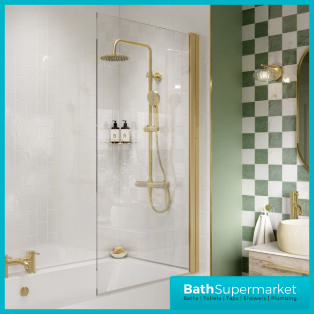 AquaVolere Square Brushed Brass Reversible 6mm Safety Glass Pivot Bath Screen 1400mm