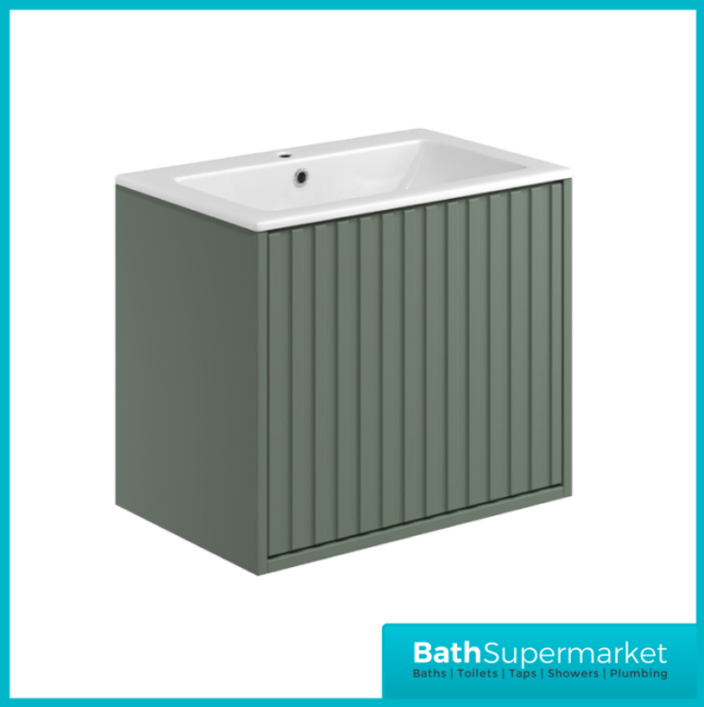 Sognare Orac Fluted Reed Green Wall Hung Handless Bathroom Drawer Cabinet Basin Unit 600mm