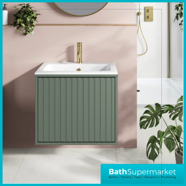 Sognare Orac Fluted Reed Green Wall Hung Handless Bathroom Drawer Cabinet Basin Unit 600mm - Image 4