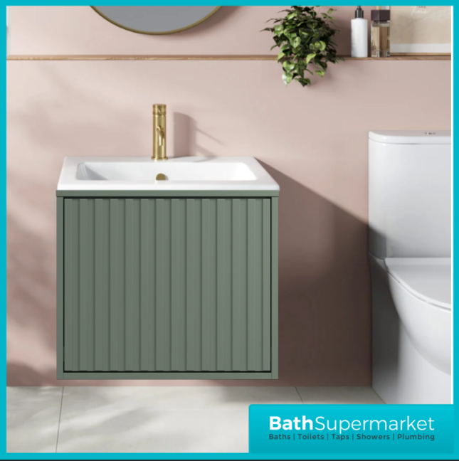Sognare Orac Fluted Reed Green Wall Hung Handless Bathroom Drawer Cabinet Basin Unit 600mm
