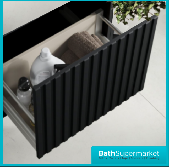 Sognare Orac Fluted Matt Black Wall Hung Handless Bathroom Drawer Cabinet Basin Unit 600mm
