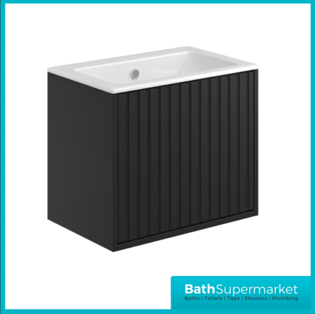 Sognare Orac Fluted Matt Black Wall Hung Handless Bathroom Drawer Cabinet Basin Unit 600mm - Image 11