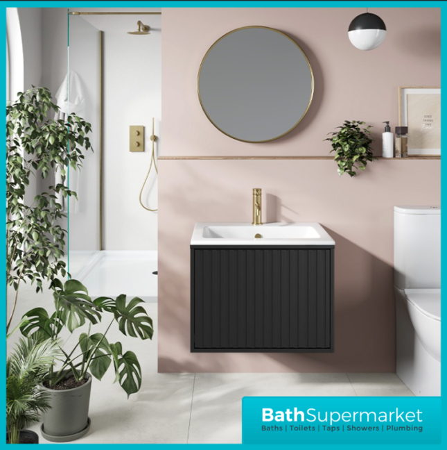 Sognare Orac Fluted Matt Black Wall Hung Handless Bathroom Drawer Cabinet Basin Unit 600mm