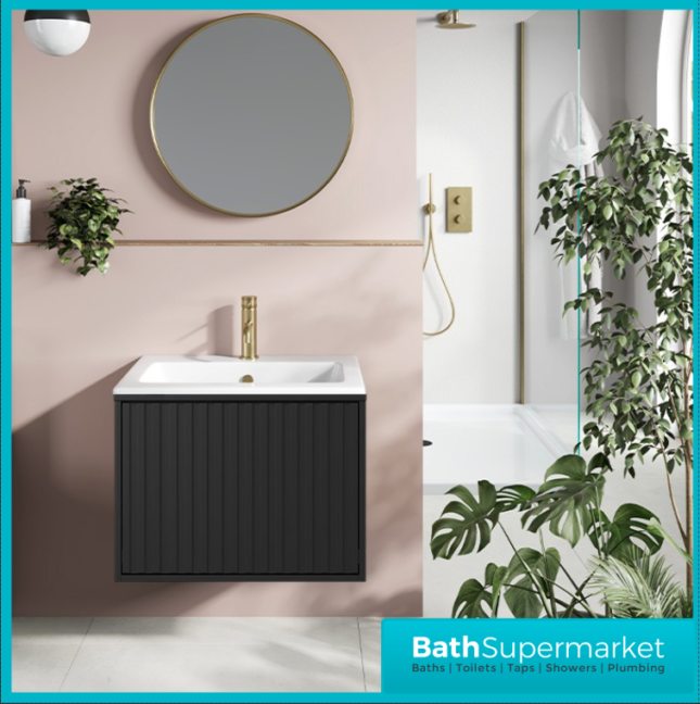 Sognare Orac Fluted Matt Black Wall Hung Handless Bathroom Drawer Cabinet Basin Unit 600mm - Image 6