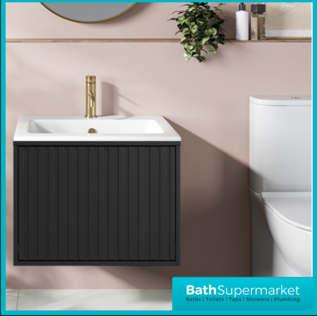 Sognare Orac Fluted Matt Black Wall Hung Handless Bathroom Drawer Cabinet Basin Unit 600mm