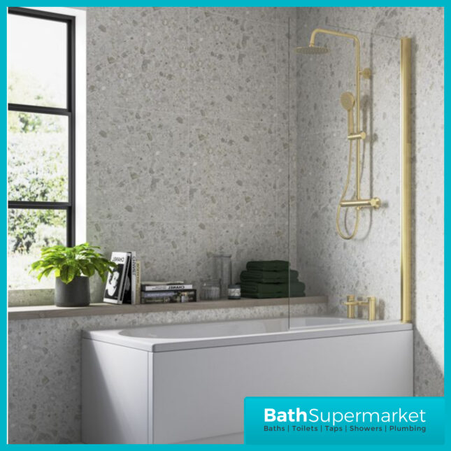 AquaVolere Square Brushed Brass Reversible 6mm Safety Glass Pivot Bath Screen 1400mm