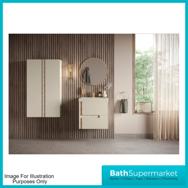 AquaVolere Diverse Matt Cotton & Oak Effect Wall Hung Drawer Vanity Unit With White Basin 615mm - 815mm