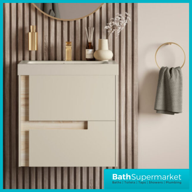 AquaVolere Diverse Matt Cotton & Oak Effect Wall Hung Drawer Vanity Unit With Co-ordinating Basin 605mm - 805mm
