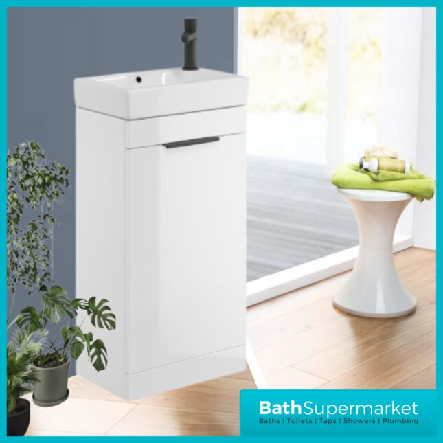 Sognare Amour Gloss White Freestanding Cloakroom Storage Cabinet Floor Mounted Unit & Basin 450mm With Handle Colour Choice