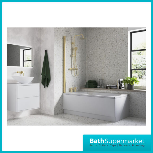 AquaVolere Square Brushed Brass Reversible 6mm Safety Glass Pivot Bath Screen 1400mm