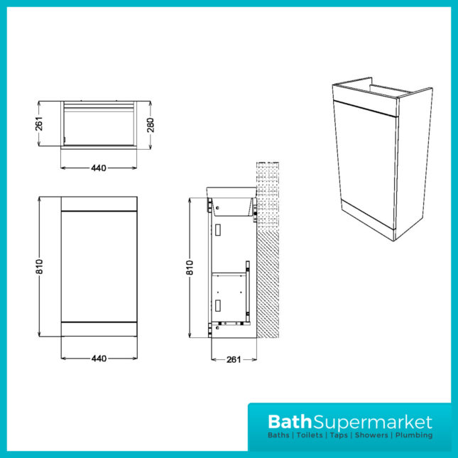 Sognare Amour Matt Black Freestanding Cloakroom Storage Cabinet Floor Mounted Unit & Basin 450mm With Handle Colour Choice