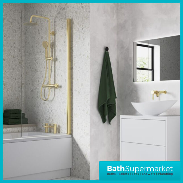 AquaVolere Square Brushed Brass Reversible 6mm Safety Glass Pivot Bath Screen 1400mm
