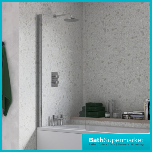 AquaVolere Square Chrome Reversible 6mm Safety Glass Pivot Bath Screen 1400mm